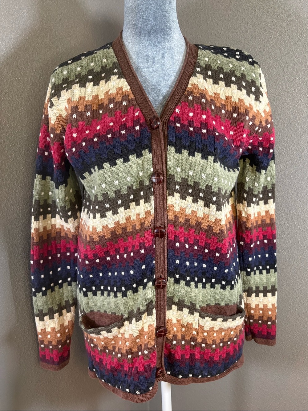 NorthStyle VTG Multi-Color Geometric Cardigan Sweater with Pockets Size M